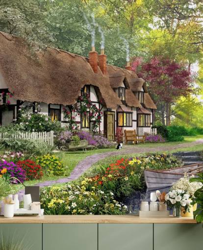 thatched cottage by canal wallpaper thatched cottage by canal wallpaper