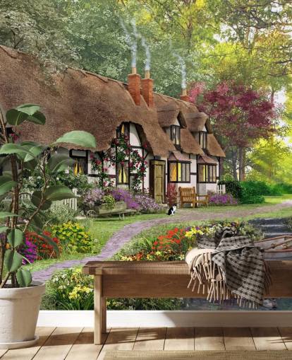 thatched cottage by canal wallpaper