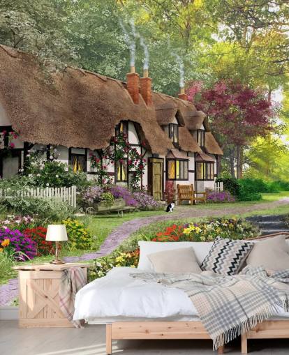 thatched cottage by canal wallpaper