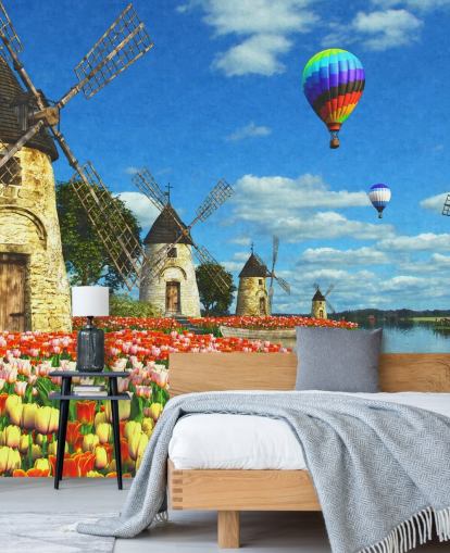 tulipas coloridas e papel de parede moinho de vento