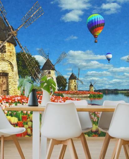 colourful tulips and windmill wallpaper