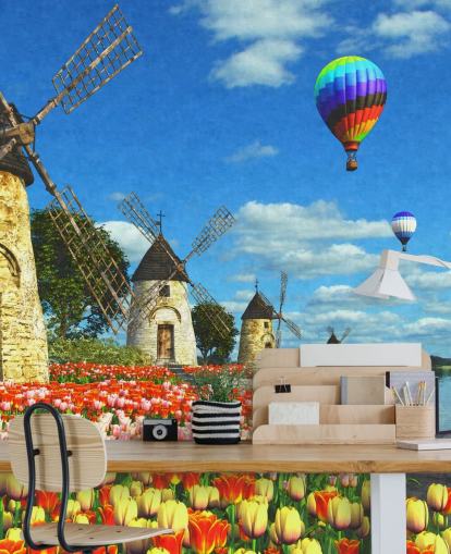 tulipas coloridas e papel de parede moinho de vento