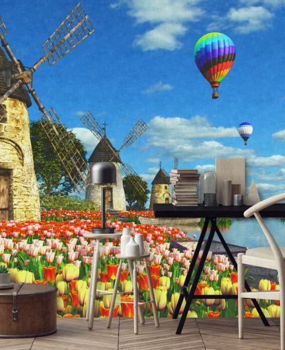 bunte Tulpen und Windmühlen-Tapete bunte Tulpen und Windmühlen-Tapete