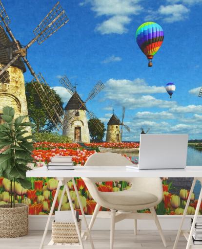 bunte Tulpen und Windmühlen-Tapete