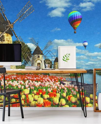 colourful tulips and windmill wallpaper