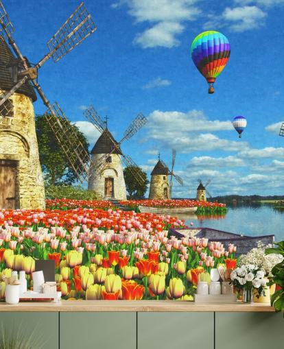 papel pintado colorido de tulipanes y molino de viento