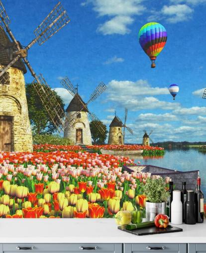 colourful tulips and windmill wallpaper