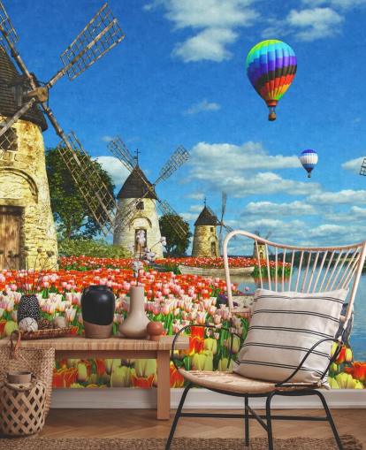 tulipas coloridas e papel de parede moinho de vento