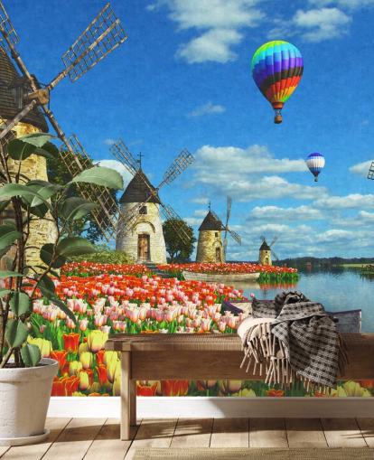 tulipas coloridas e papel de parede moinho de vento