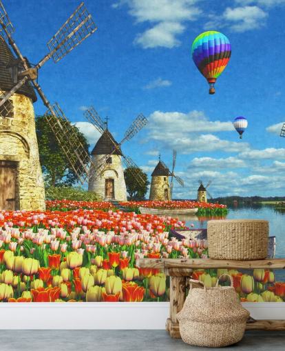 colourful tulips and windmill wallpaper