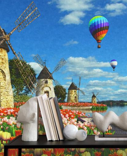 papel pintado colorido de tulipanes y molino de viento