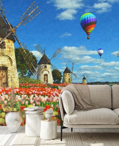 colourful tulips and windmill wallpaper