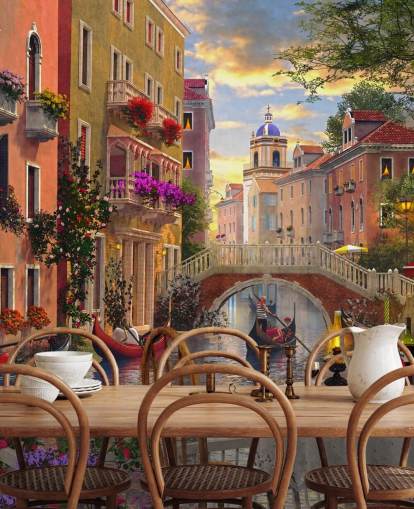 restaurant table and chairs in venice by canal wallpaper