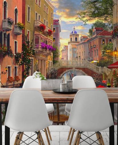 restaurant table and chairs in venice by canal wallpaper
