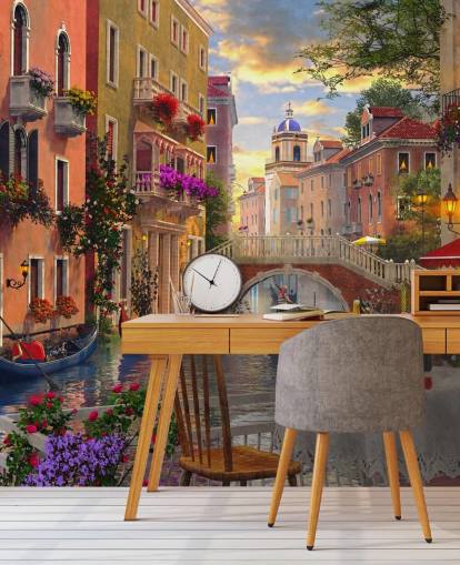 restaurant table and chairs in venice by canal wallpaper