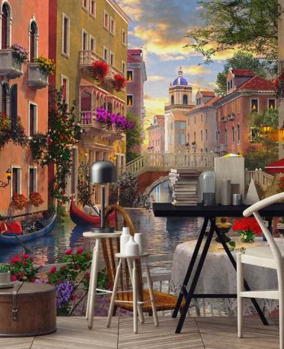 restaurant table and chairs in venice by canal wallpaper