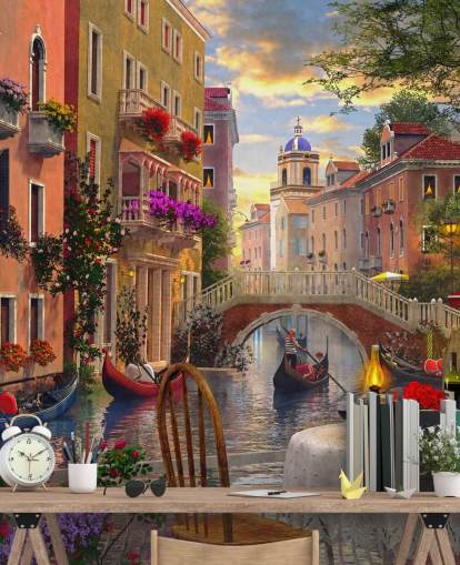 restaurant table and chairs in venice by canal wallpaper