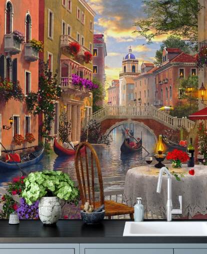 Restaurant Tisch und Stühle in Venedig von Kanal-Tapete