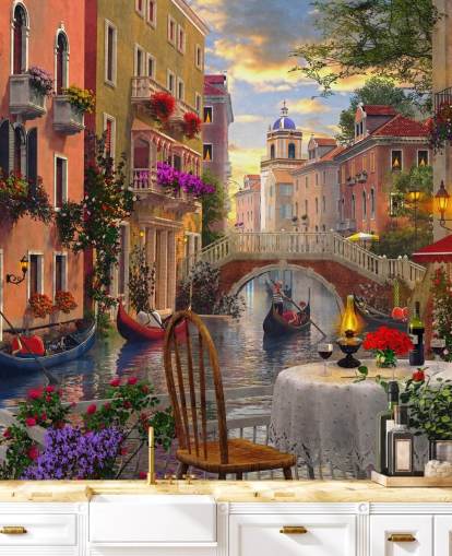 restaurant table and chairs in venice by canal wallpaper