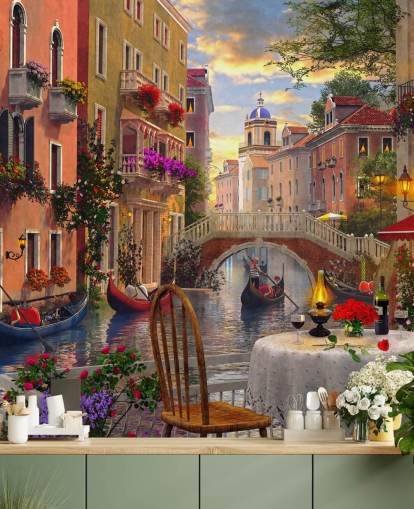 restaurant table and chairs in venice by canal wallpaper