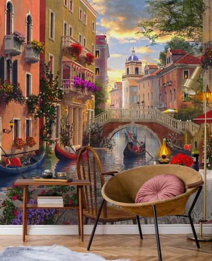 restaurant table and chairs in venice by canal wallpaper