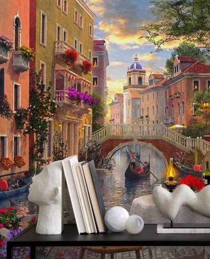restaurant table and chairs in venice by canal wallpaper
