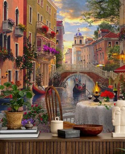 restaurant table and chairs in venice by canal wallpaper