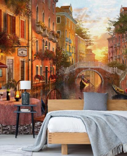 romantic venice at sunset with canal, bridge and boat wallpaper