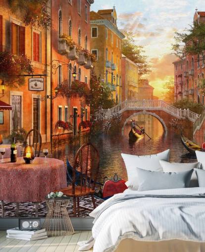 romantisches Venedig bei Sonnenuntergang mit Kanal-, Brücken- und Bootstapete romantisches Venedig bei Sonnenuntergang mit Kanal-, Brücken- und Bootstapete