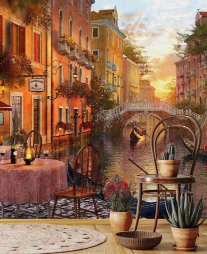 venecia romántica al atardecer con fondo de pantalla de canal, puente y barco