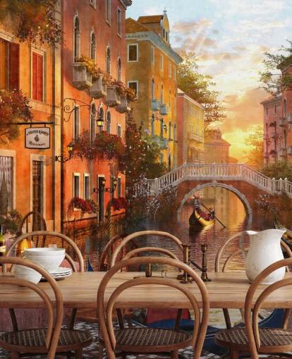 romantic venice at sunset with canal, bridge and boat wallpaper
