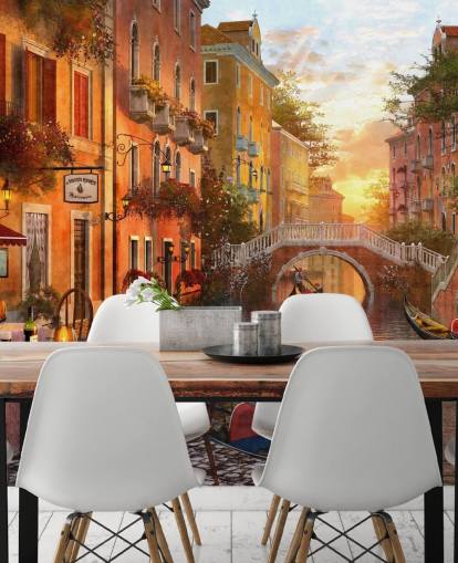 romantic venice at sunset with canal, bridge and boat wallpaper