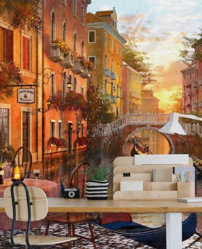 Venise romantique au coucher du soleil avec fond d'écran canal, pont et bateau Venise romantique au coucher du soleil avec fond d'écran canal, pont et bateau