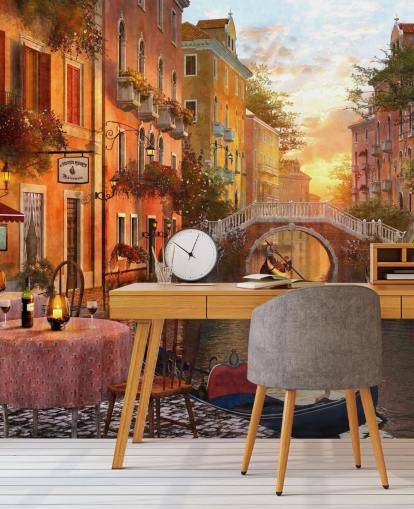 romantic venice at sunset with canal, bridge and boat wallpaper