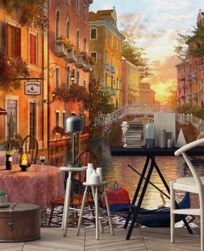 romantic venice at sunset with canal, bridge and boat wallpaper