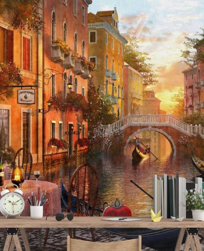 romantic venice at sunset with canal, bridge and boat wallpaper