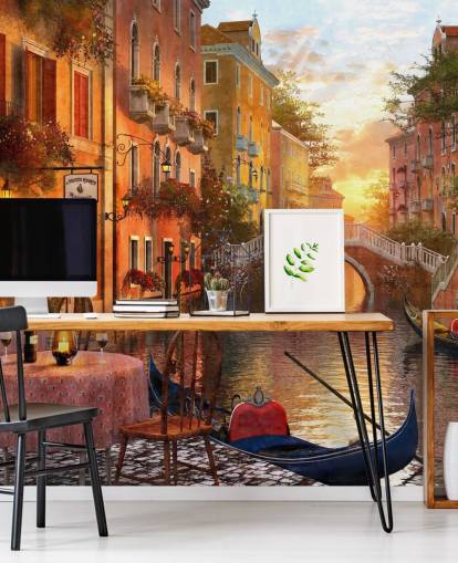 romantic venice at sunset with canal, bridge and boat wallpaper