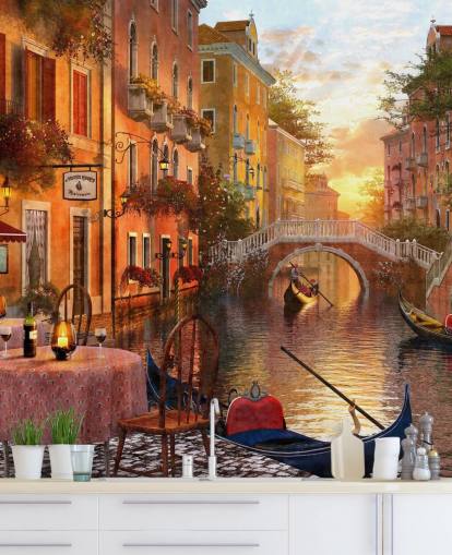 romantisch venetië bij zonsondergang met kanaal, brug en bootbehang