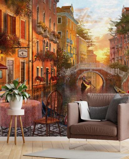 venecia romántica al atardecer con fondo de pantalla de canal, puente y barco