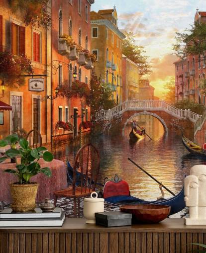 Veneza romântica ao pôr do sol com canal, ponte e barco papel de parede