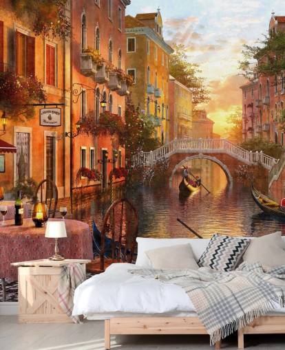 venecia romántica al atardecer con fondo de pantalla de canal, puente y barco