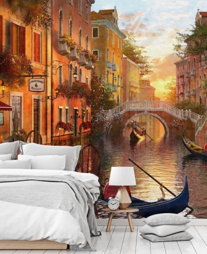 romantisk Venezia ved solnedgang med kanal, bro og båt tapet romantisk Venezia ved solnedgang med kanal, bro og båt tapet