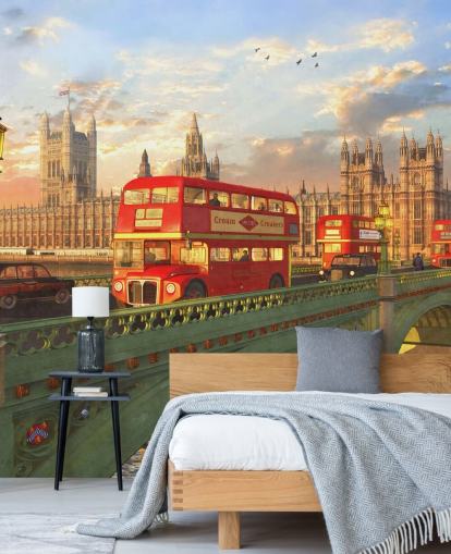 red buses on bridge by houses of parliament mural red buses on bridge by houses of parliament mural