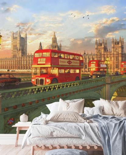 red buses on bridge by houses of parliament mural red buses on bridge by houses of parliament mural