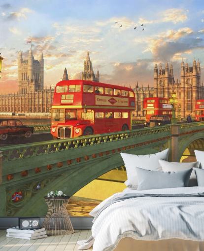 bus rouges sur le pont par la peinture murale des chambres du parlement