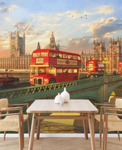 red buses on bridge by houses of parliament mural red buses on bridge by houses of parliament mural
