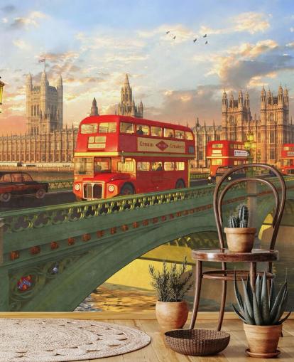 red buses on bridge by houses of parliament mural