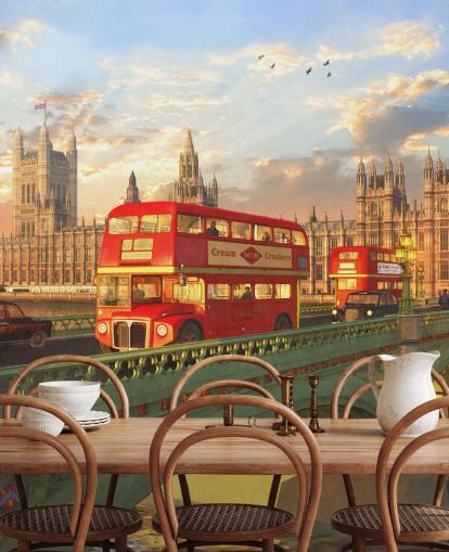 autobuses rojos en puente por las casas del parlamento mural