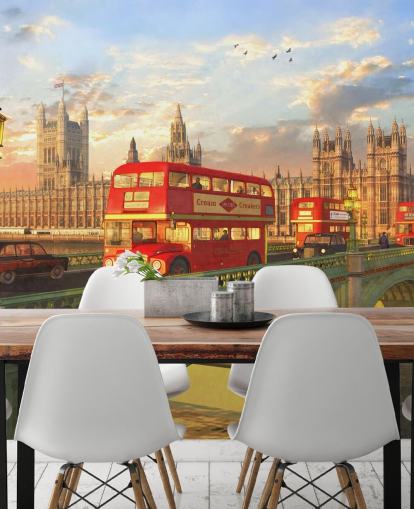 red buses on bridge by houses of parliament mural