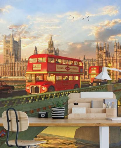 ônibus vermelhos na ponte por casas do parlamento mural